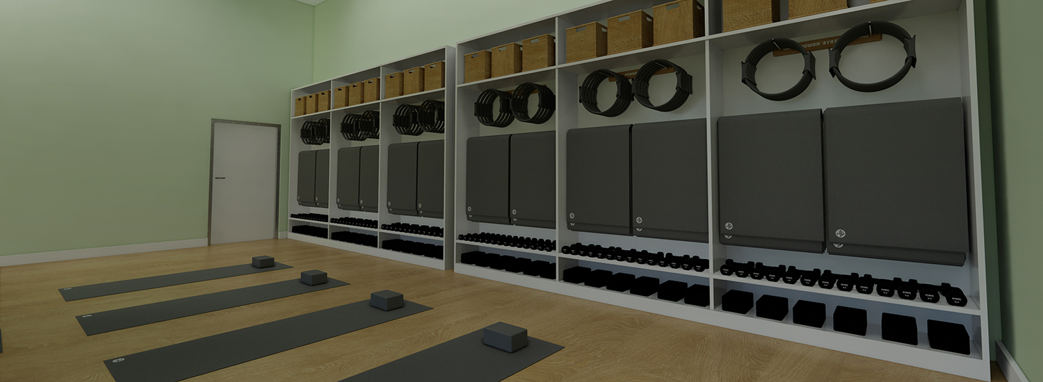 Yoga block storage solutions in our yoga studio.